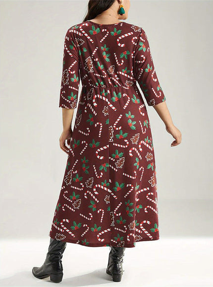 KissICON Curve Candy Cane Print Long Sleeve Christmas Dress