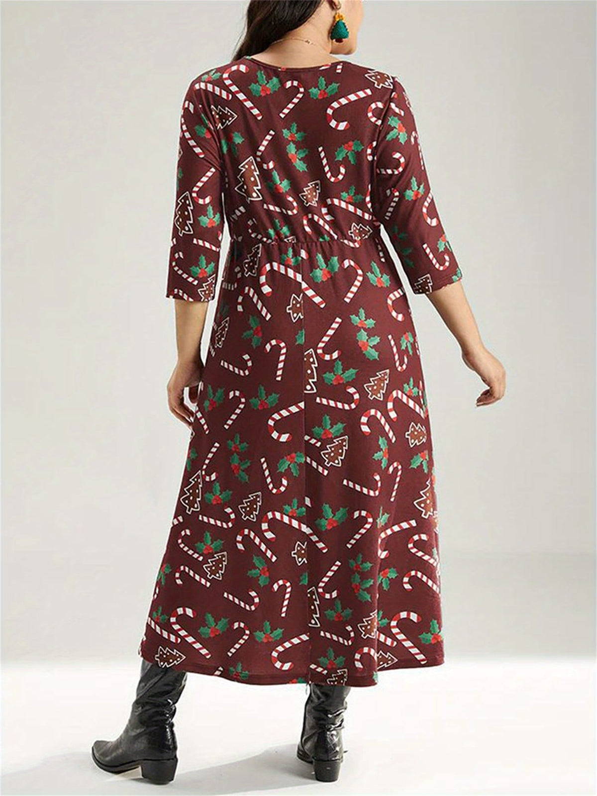 KissICON Curve Candy Cane Print Long Sleeve Christmas Dress
