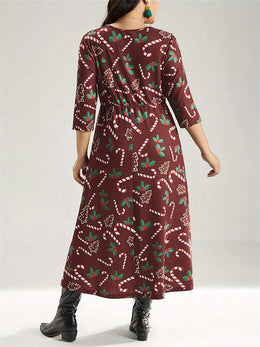 KissICON Curve Candy Cane Print Long Sleeve Christmas Dress