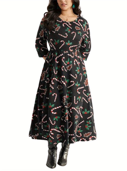 KissICON Curve Candy Cane Print Long Sleeve Christmas Dress