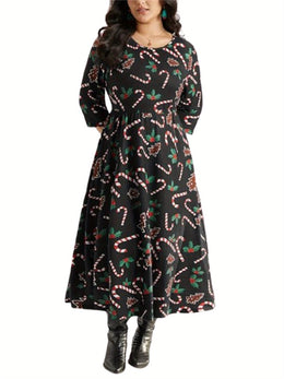 KissICON Curve Candy Cane Print Long Sleeve Christmas Dress
