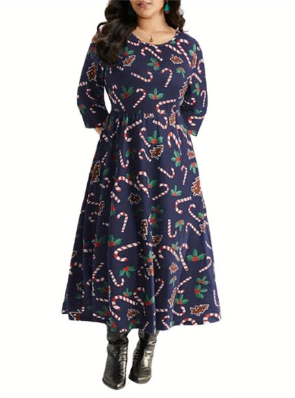 KissICON Curve Candy Cane Print Long Sleeve Christmas Dress