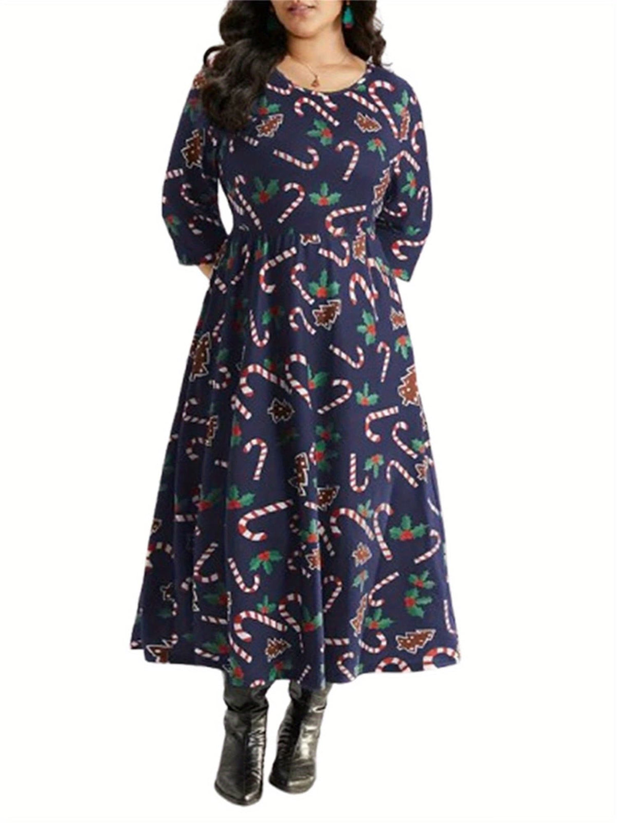 KissICON Curve Candy Cane Print Long Sleeve Christmas Dress