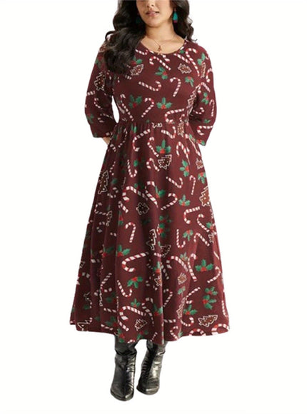 KissICON Curve Candy Cane Print Long Sleeve Christmas Dress
