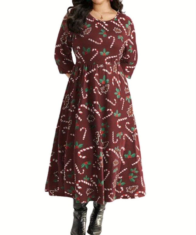 KissICON Curve Candy Cane Print Long Sleeve Christmas Dress