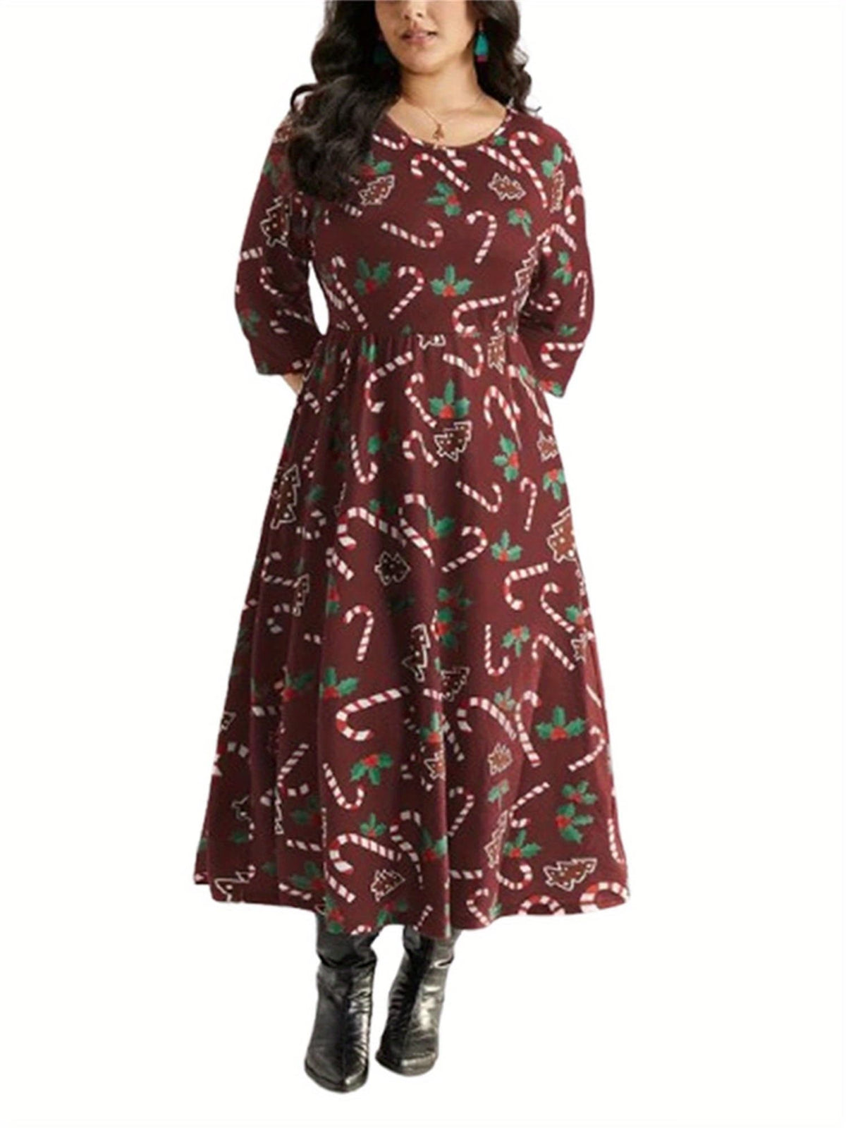 KissICON Curve Candy Cane Print Long Sleeve Christmas Dress