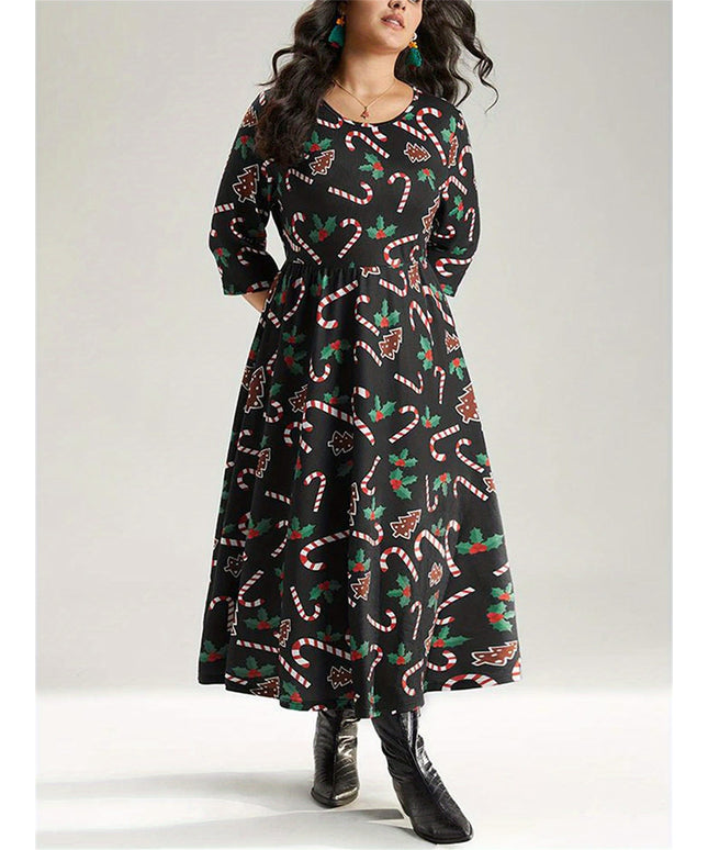 KissICON Curve Candy Cane Print Long Sleeve Christmas Dress