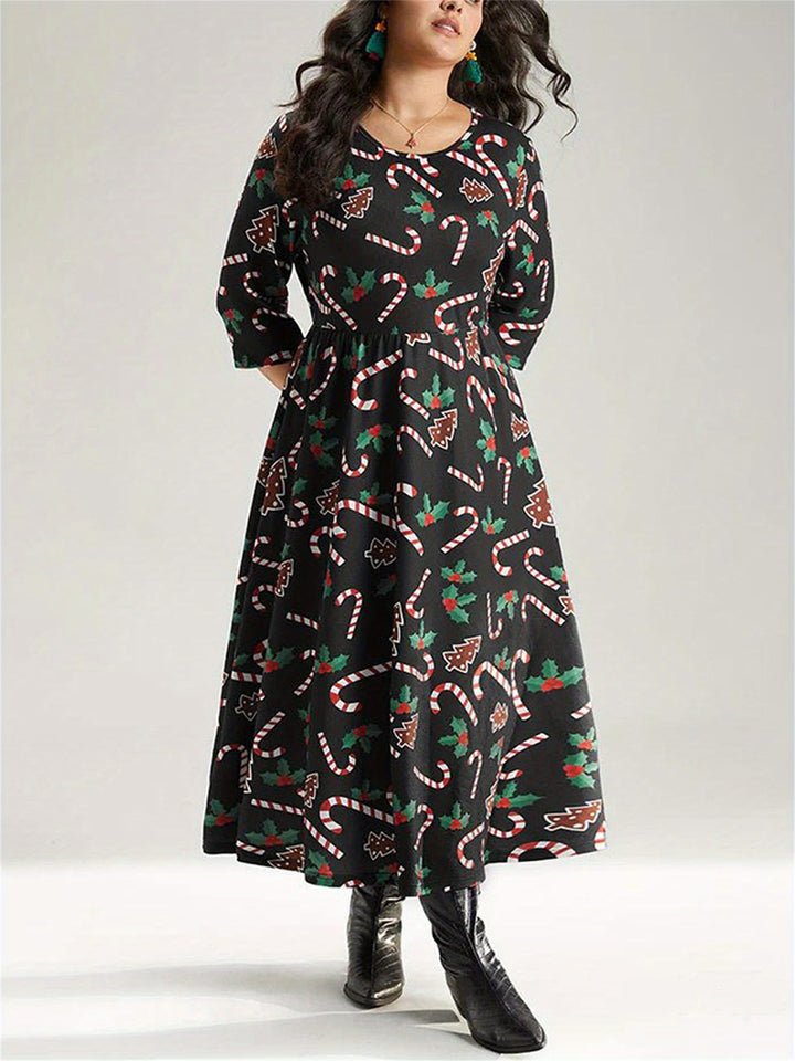 Curve Candy Cane Print Long Sleeve Christmas Dress