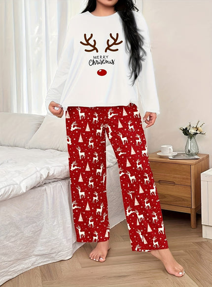 KissICON Curve Christmas Reindeer Print Women's Pajama Set