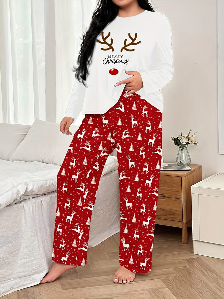 Curve Christmas Reindeer Print Women's Pajama Set