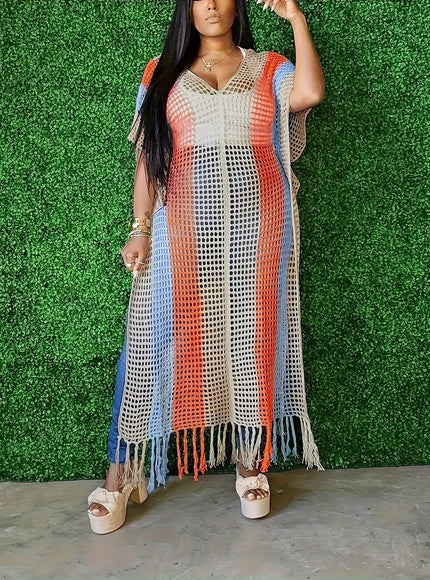 KissICON Curve Color Block Fringe Coverup