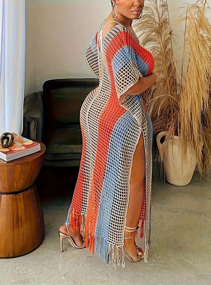 KissICON Curve Color Block Fringe Coverup