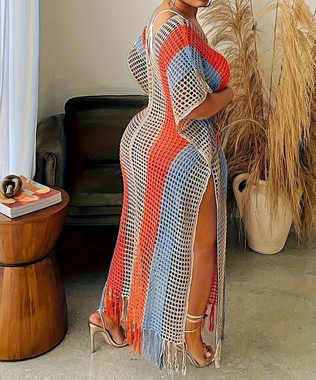 KissICON Curve Color Block Fringe Coverup