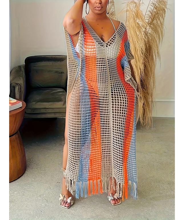 KissICON Curve Color Block Fringe Coverup