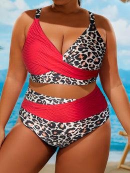 KissICON Curve Color Block Leopard Print Thin Strap Bikini