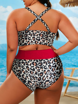 KissICON Curve Color Block Leopard Print Thin Strap Bikini