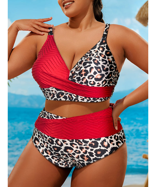 KissICON Curve Color Block Leopard Print Thin Strap Bikini