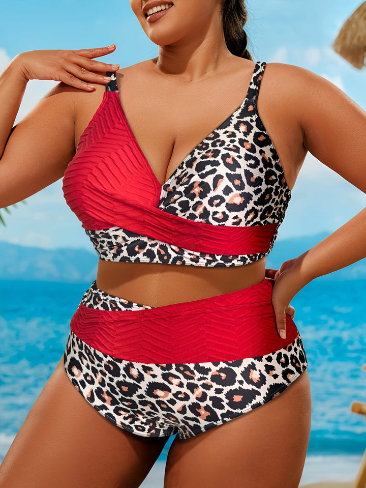 Curve Color Block Leopard Print Thin Strap Bikini