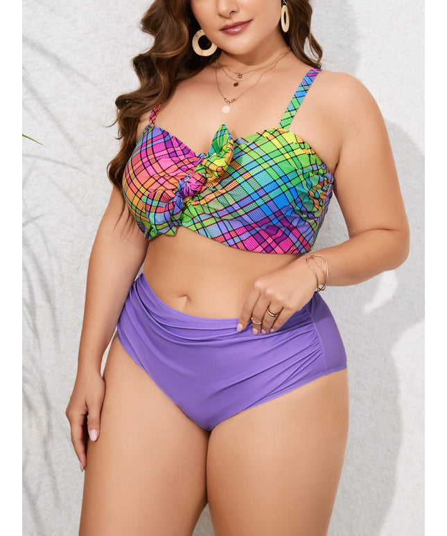 KissICON Curve Colorblock Plaid Bikini – Bow Knot Ruched