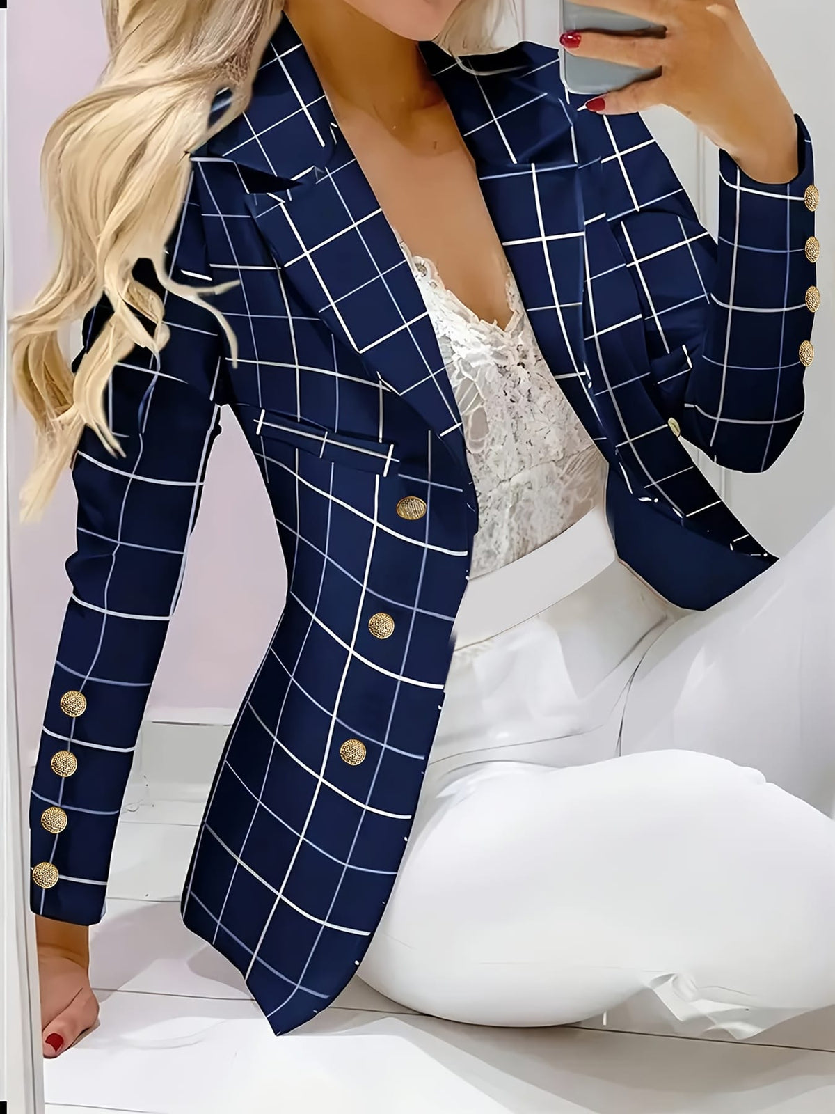 KissICON Curve Elegant Checkered Tailored Blazer – Mature