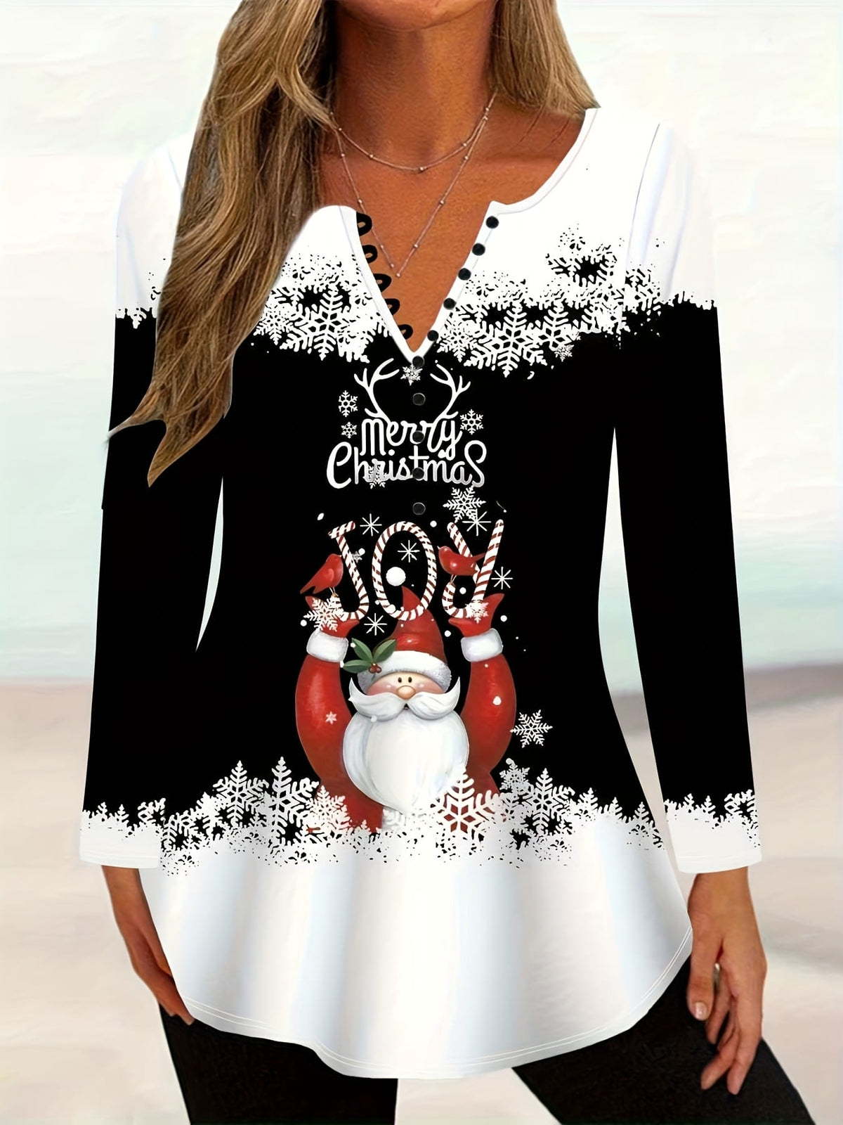 KissICON Curve Elegant Christmas Snowman Reindeer Print Blouse