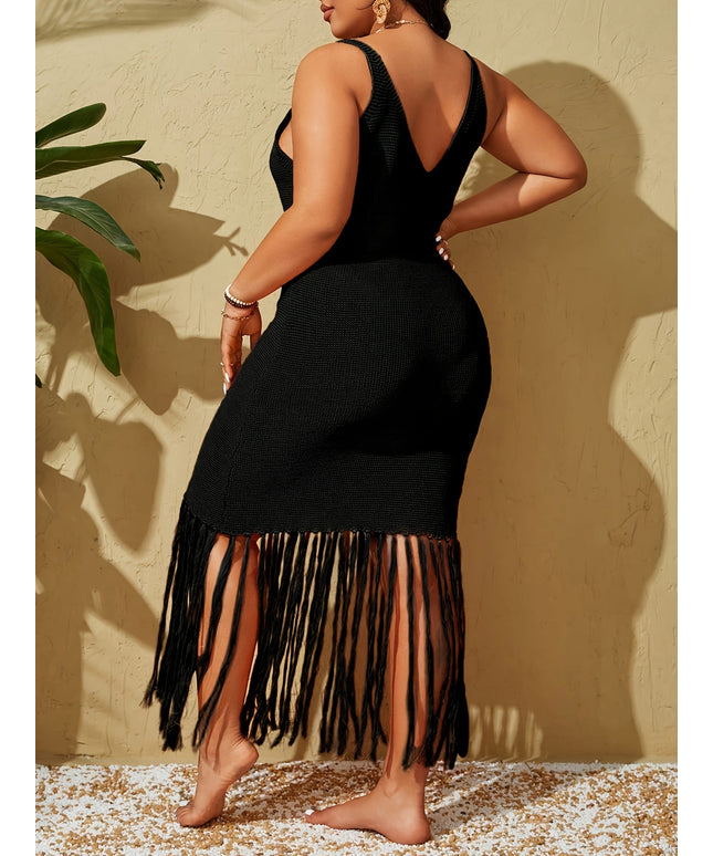 KissICON Curve Fringe V-Neck Black Beach Coverup