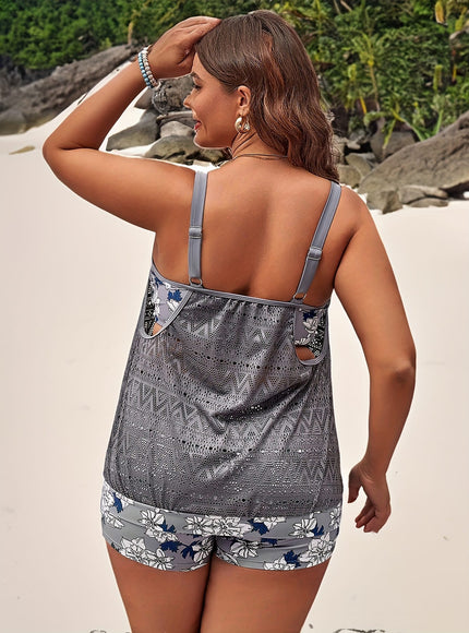 KissICON Curve Gray Jacquard Leaf Print Tankini