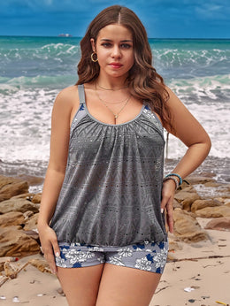 KissICON Curve Gray Jacquard Leaf Print Tankini