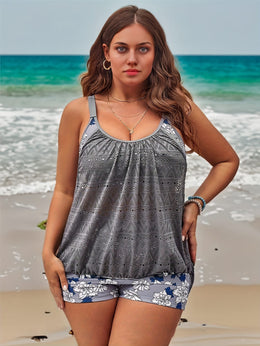 KissICON Curve Gray Jacquard Leaf Print Tankini