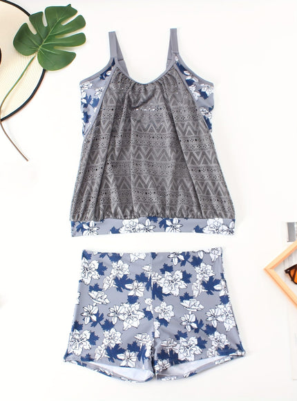 KissICON Curve Gray Jacquard Leaf Print Tankini