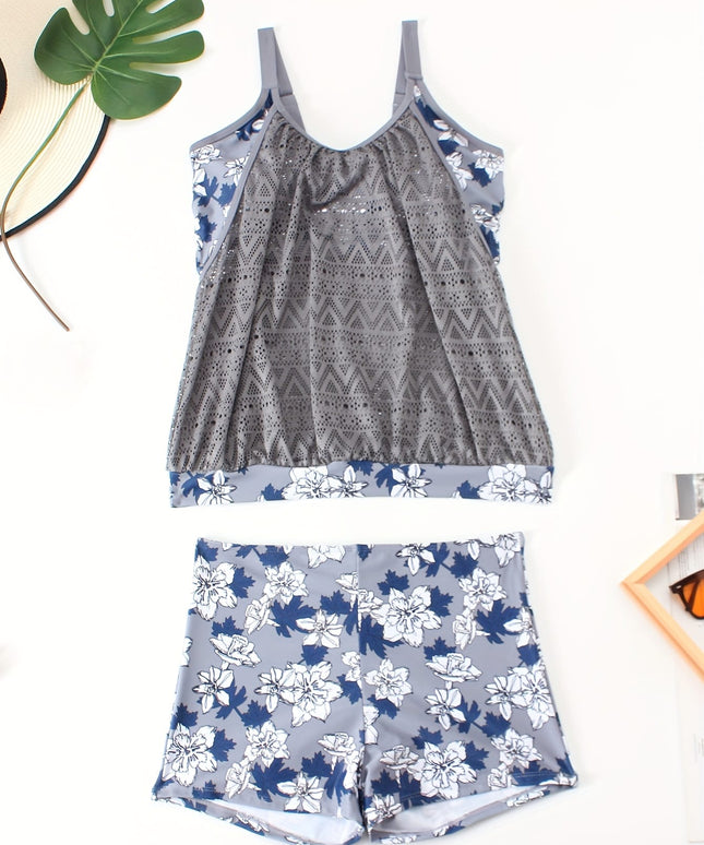 KissICON Curve Gray Jacquard Leaf Print Tankini