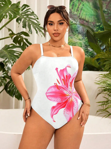 KissICON Curve Lily Flower Print One-piece Strap Beach