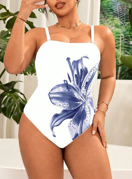 KissICON Curve Lily Flower Print One-piece Strap Beach