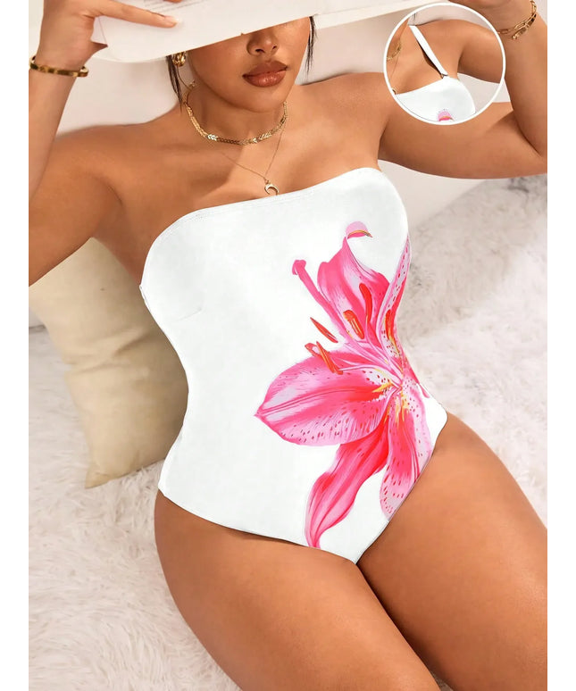 KissICON Curve Lily Flower Print One-piece Strap Beach