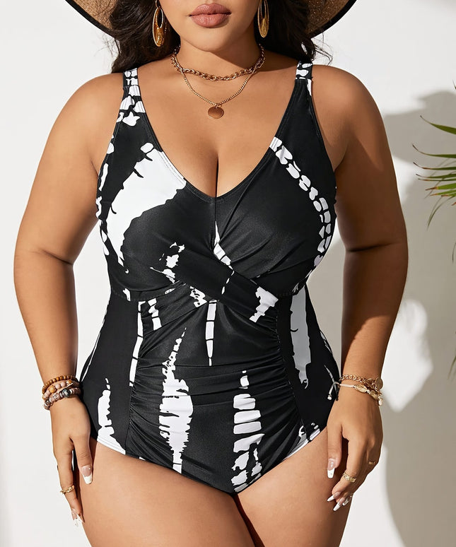 KissICON Curve Modest Black White Print Halter Bikini