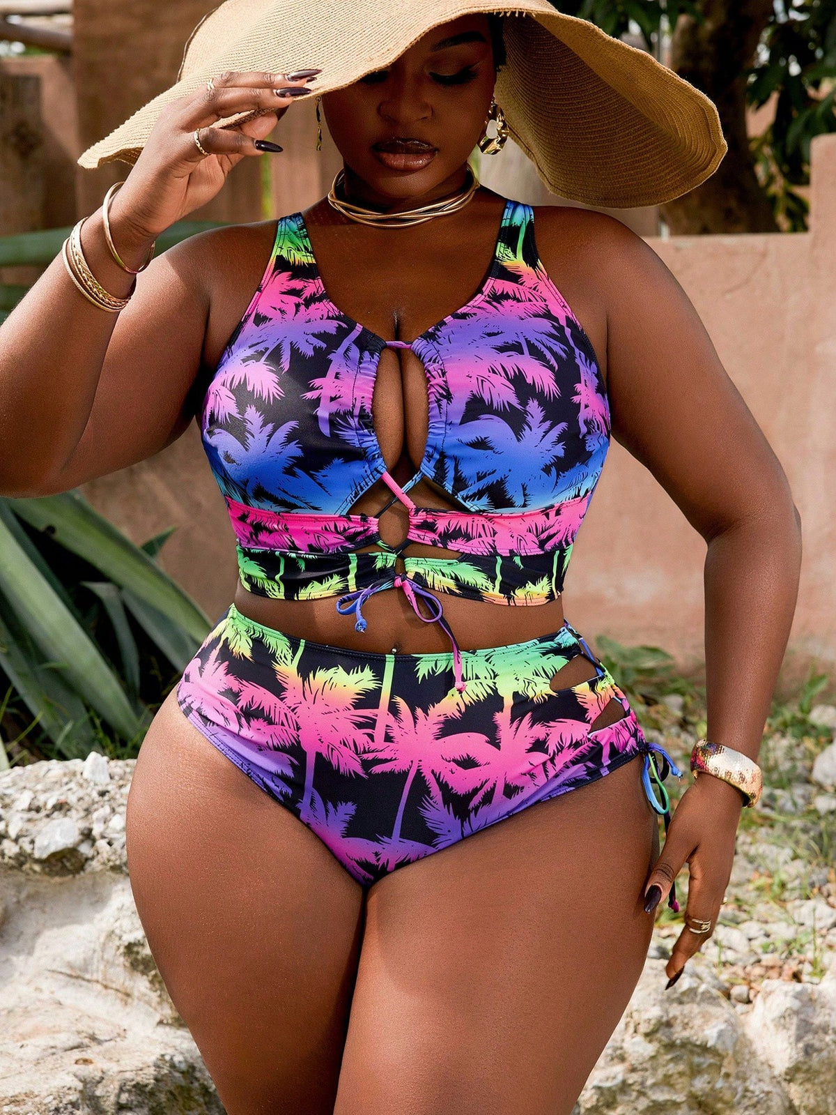 KissICON Curve Ombre Coconut Tree Print Swimwear