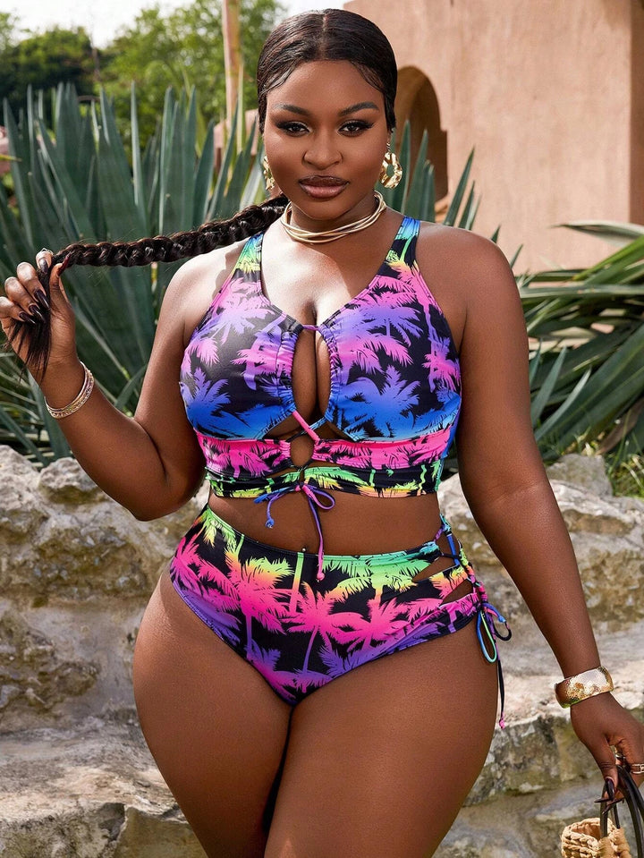 Curve Ombre Coconut Tree Print Swimwear