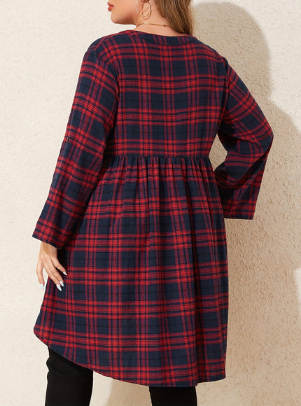 KissICON Curve Red Black Plaid V-Neck Loose Tunic Shirt