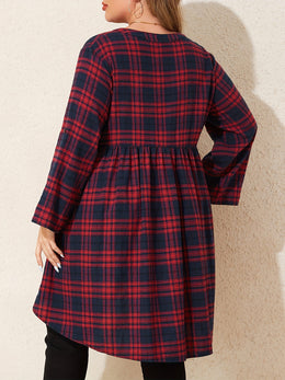 KissICON Curve Red Black Plaid V-Neck Loose Tunic Shirt