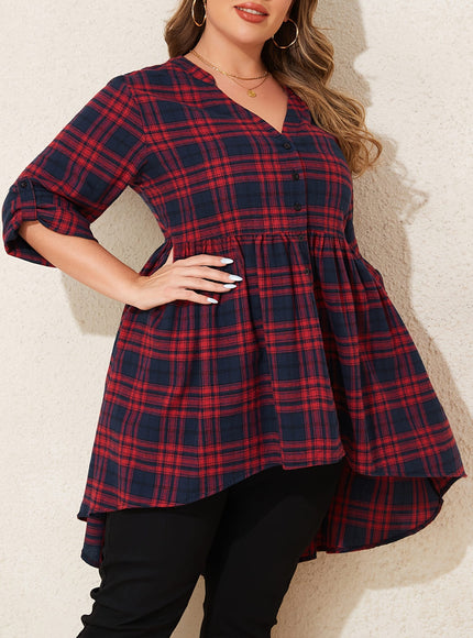KissICON Curve Red Black Plaid V-Neck Loose Tunic Shirt