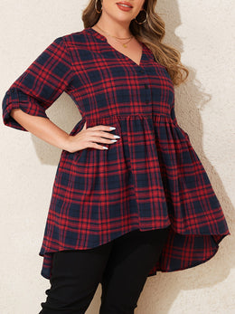 KissICON Curve Red Black Plaid V-Neck Loose Tunic Shirt