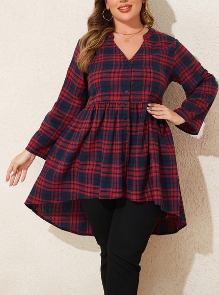 KissICON Curve Red Black Plaid V-Neck Loose Tunic Shirt