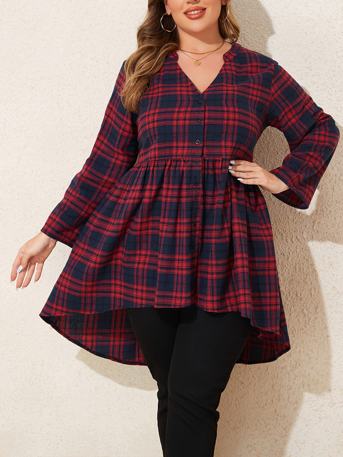 KissICON Curve Red Black Plaid V-Neck Loose Tunic Shirt