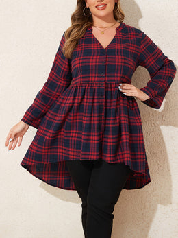 KissICON Curve Red Black Plaid V-Neck Loose Tunic Shirt