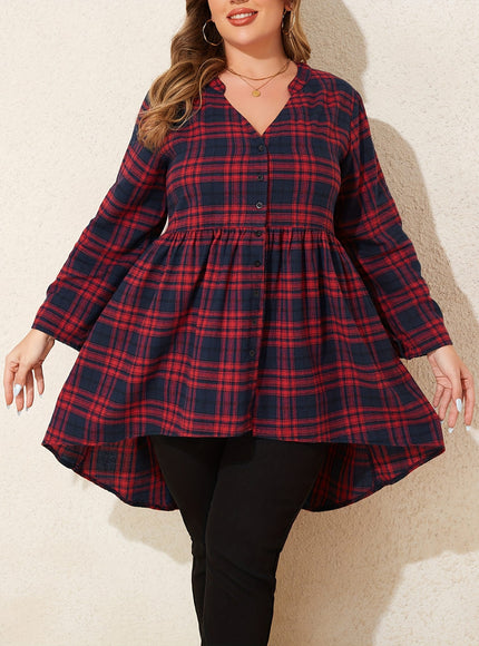 KissICON Curve Red Black Plaid V-Neck Loose Tunic Shirt