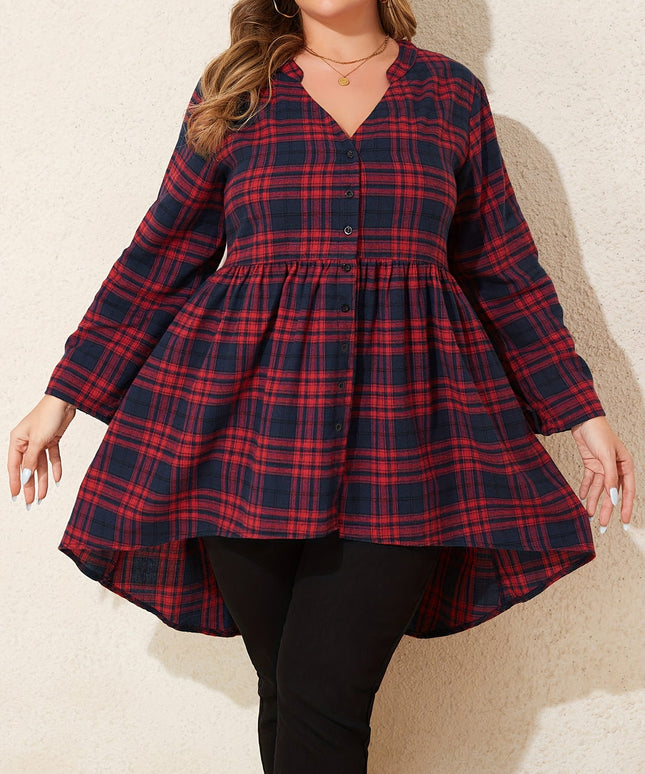 KissICON Curve Red Black Plaid V-Neck Loose Tunic Shirt