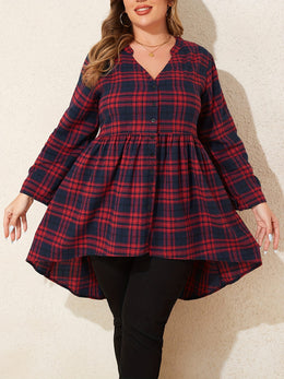 KissICON Curve Red Black Plaid V-Neck Loose Tunic Shirt