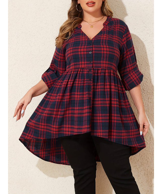 KissICON Curve Red Black Plaid V-Neck Loose Tunic Shirt