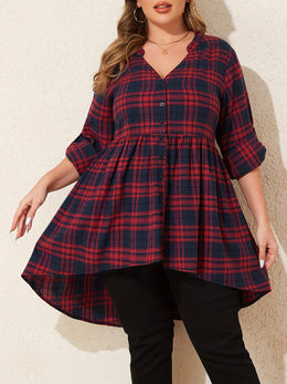 KissICON Curve Red Black Plaid V-Neck Loose Tunic Shirt