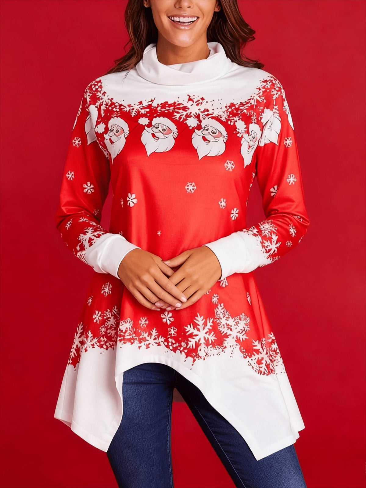 KissICON Curve Red Snowflake Santa Neck Tunic Top